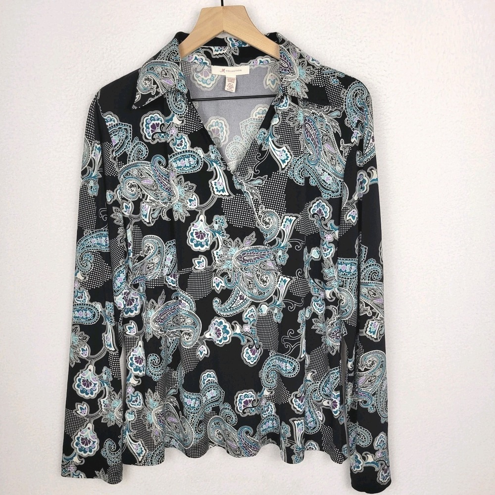 JM Collection XL Blouse‎ Women Black Teal Paisley V-Neck Long Sleeve Stretch Top